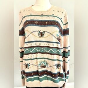 CottageCore Sweater with Floral Embroidery -XL